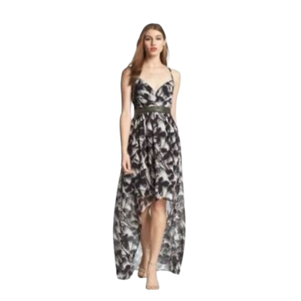 Max & Cleo Black White Floral High Low Silver Beaded Waist Womens Size 0 Party